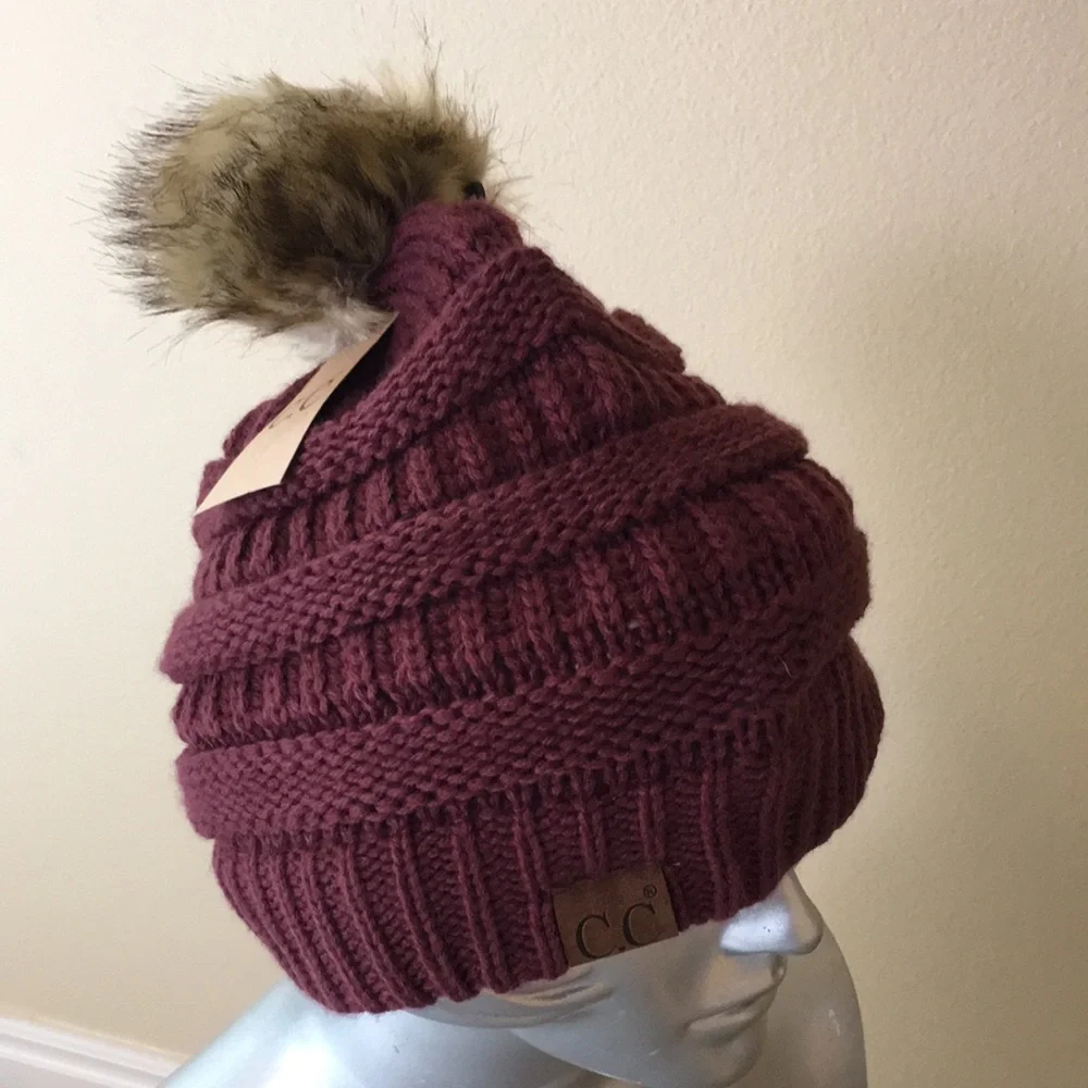 C.C Knit Beanie With Faux Fur Pom